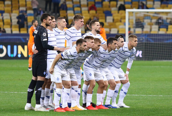 KYIV, UKRAINE - OCTOBER 20, 2020: Dynamo Kyiv players pose for a group photo before UEFA Champions League game against Juventus at NSC Olimpiyskyi stadium in Kyiv, Ukraine