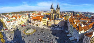 Panoramic aerial view of the Old Town Square (Staromestske namesti or Staromak), historic square in the Old Town quarter of Prague, the capital of the Czech Republic clipart
