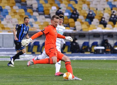 KYIV, UKRAINE - FEBRUARY 18, 2021: Goalkeeper Simon Mignolet of Club Brugge in action during the UEFA Europa League game against Dynamo Kyiv at NSC Olimpiyskyi stadium in Kyiv