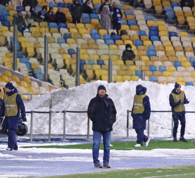 KYIV, UKRAINE - FEBRUARY 18, 2021: Head coach Mircea Lucescu of Dynamo Kyiv looks on during the UEFA Europa League game against Club Brugge at NSC Olimpiyskyi stadium in Kyiv, Ukraine