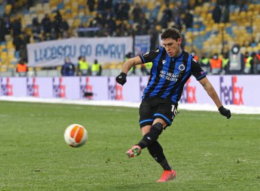 KYIV, UKRAINE - FEBRUARY 18, 2021: Federico Ricca of Club Brugge kicks a ball during the UEFA Europa League game against Dynamo Kyiv at NSC Olimpiyskyi stadium in Kyiv