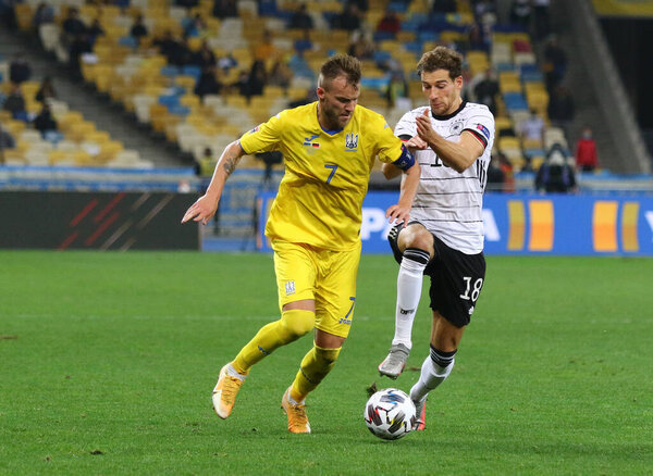 KYIV, UKRAINE - OCTOBER 10, 2020: Andriy Yarmolenko of Ukraine (L) and Leon Goretzka of Germany. UEFA Nations League game Ukraine v Germany at NSK Olimpiyskiy stadium in Kyiv. Germany won 2-1