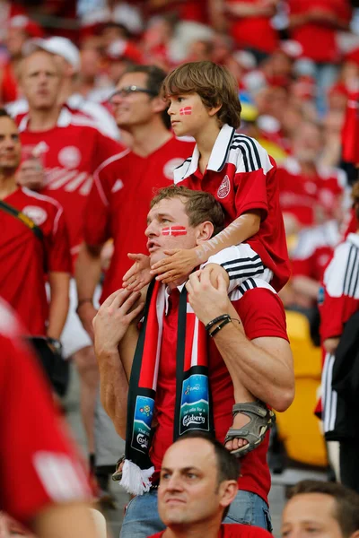 Lviv Ucrania Junio 2012 Los Aficionados Daneses Fútbol Muestran Apoyo — Foto de Stock