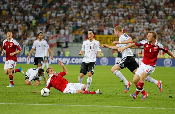 Lviv Ukraine June 2012 Germany White Danish Players Fight Ball — Stock Photo, Image