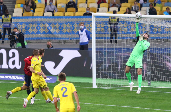 KYIV, UKRAINE - OCTOBER 13, 2020: Goalkeeper Georgiy Bushchan of Ukraine (R) in action during the UEFA Nations League game against Spain at NSK Olimpiyskiy stadium in Kyiv. Ukraine won 1-0