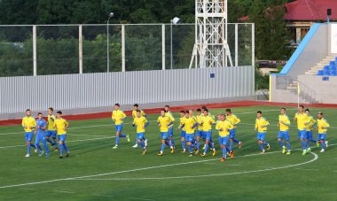 KHARKIV, UKRAINE - SEPTEMBER 2, 2017: FIFA Dünya Kupası 2018 ön eleme karşılaşması öncesinde Kharkiv 'deki antrenman kampında Ukrayna Milli Futbol Takımı' nın açık oturumu