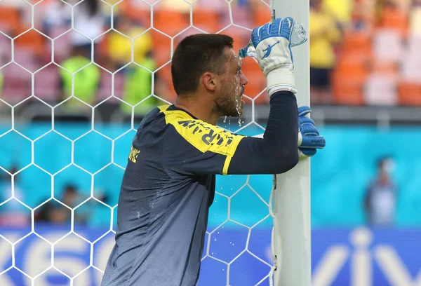 Bucharest Romania June 2021 Goalkeeper Georgiy Bushchan Ukraine Pours Water — Stock Photo, Image