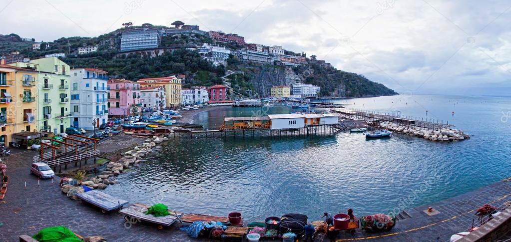 Panoramic view of small harbour in Sorrento, Italy