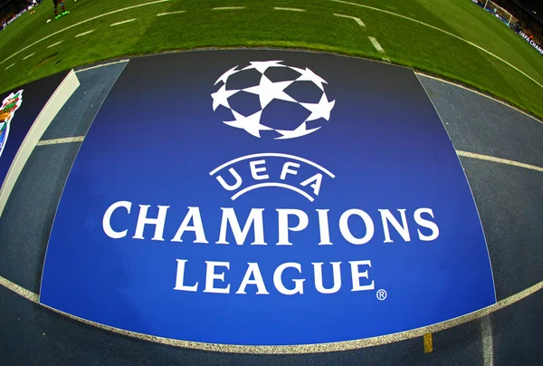 Board with UEFA Champions League Logo on the ground — 图库照片