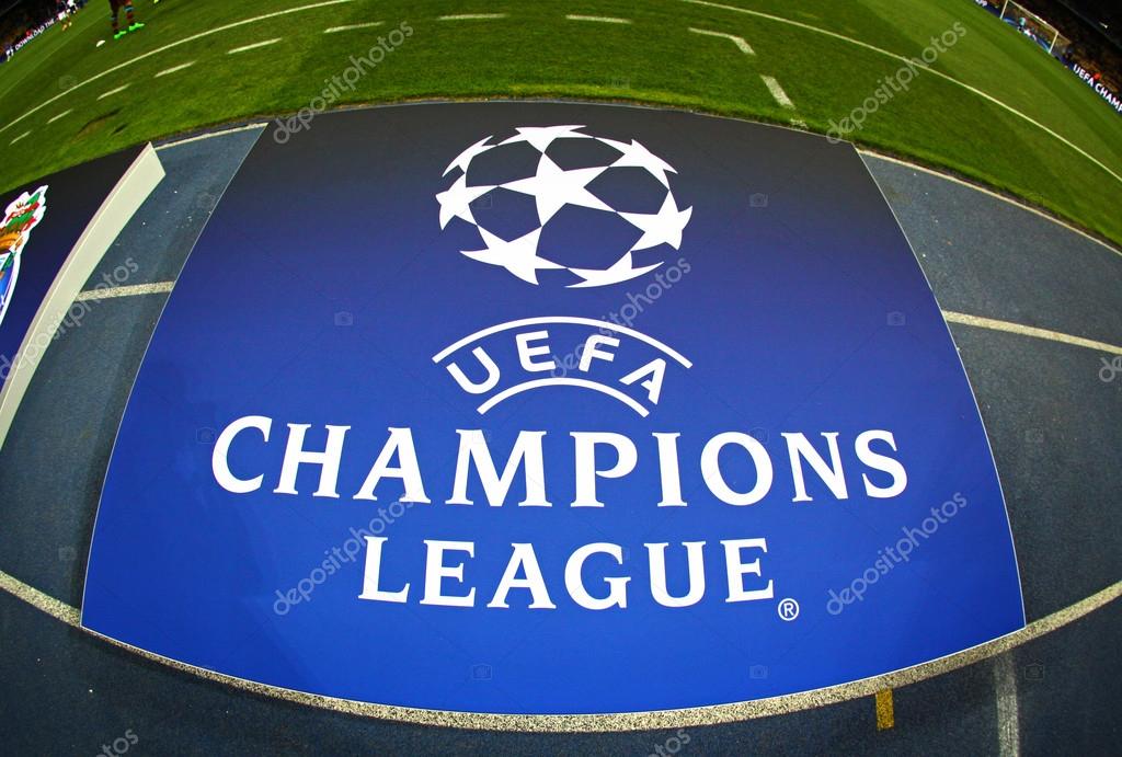 Board with UEFA Champions League Logo on the ground Board with UEFA Champions League Logo on the ground