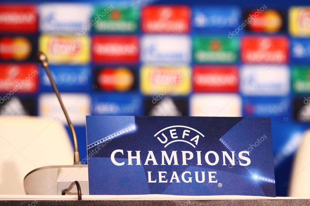 KYIV, UKRAINE - OCTOBER 19, 2015: Press Room details seen during press-conference before UEFA Champions League game FC Dynamo Kyiv vs FC Chelsea at NSC Olimpiyskyi stadiu