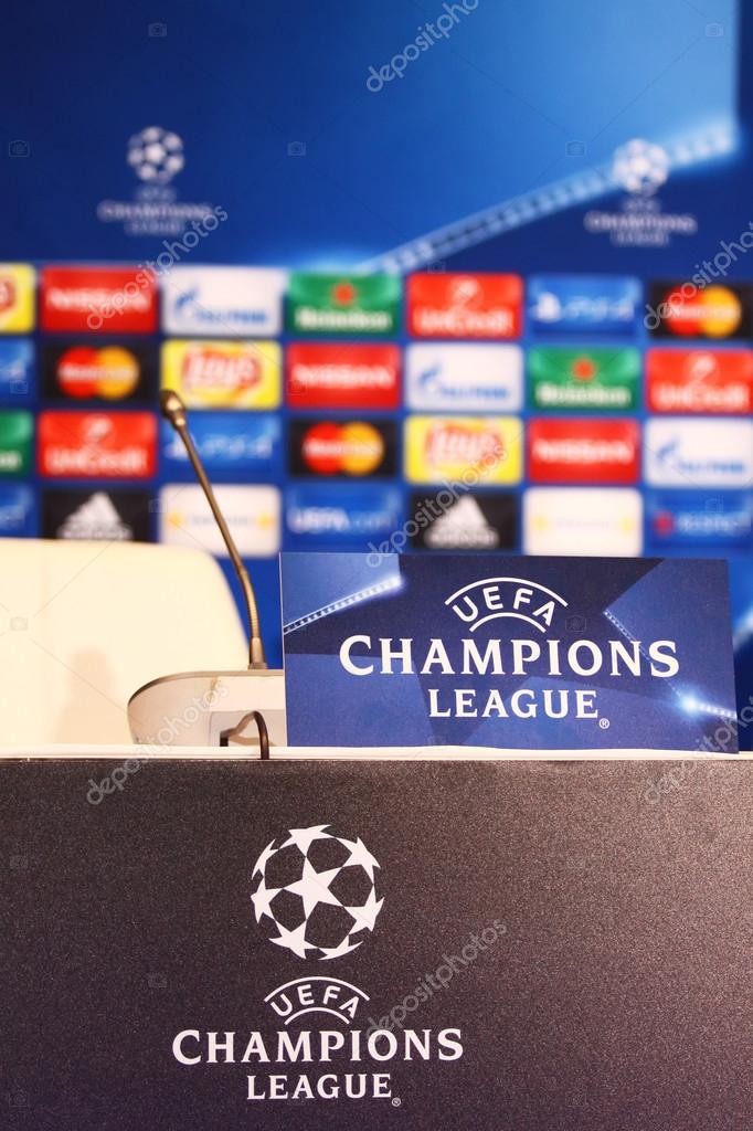 KYIV, UKRAINE - OCTOBER 19, 2015: Press Room details seen during press-conference before UEFA Champions League game FC Dynamo Kyiv vs FC Chelsea at NSC Olimpiyskyi stadium