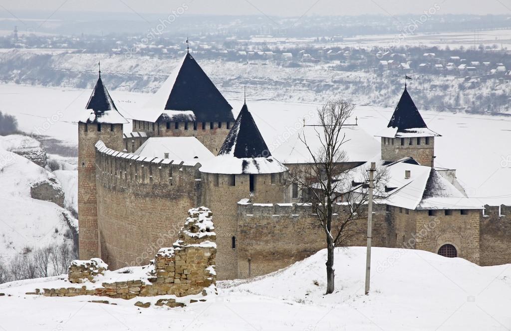 Winter view of Medieval Castle in Hotin, Ukraine