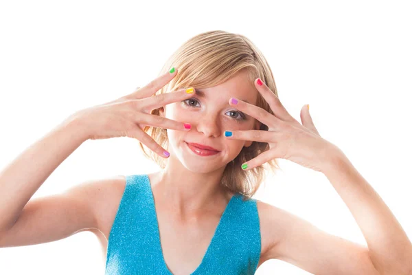 Girl with rainbow nails — Stock Photo, Image