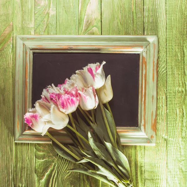 Tulips on chalkboard — Stock Photo, Image