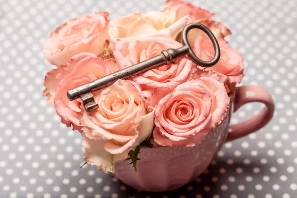 Old key and roses — Stock Photo, Image