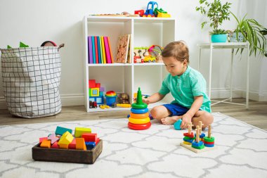 Çocuk farklı oyuncaklar kullanarak şekil ve renkleri öğreniyor.