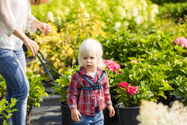 Bezpieczny spacer z rodzicami na świeżym powietrzu w ogrodzie botanicznym — Zdjęcie stockowe