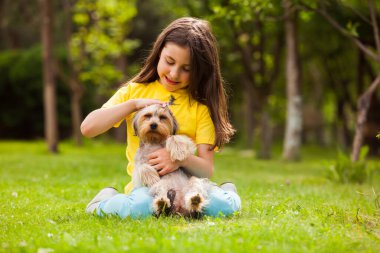 Kız en sevdiği köpeğine at kuyruğu yapıyor.