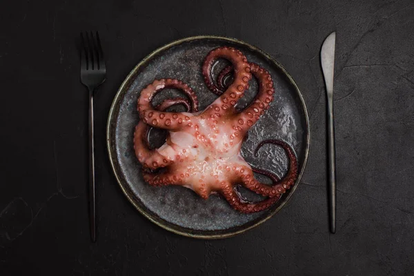 Gourmet sea food on dark ceramic plate — Stock Photo, Image