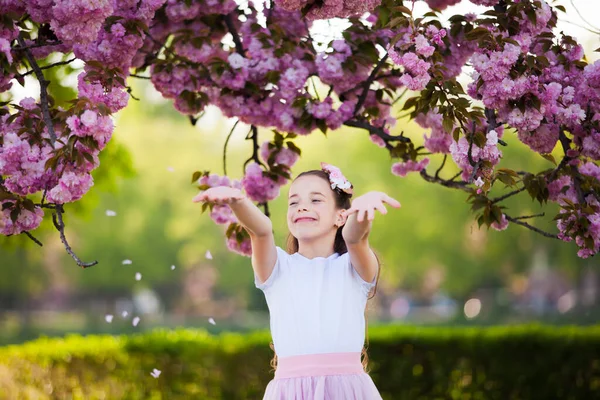 The girl is standing under the pink tree that bloom — Stock Photo, Image