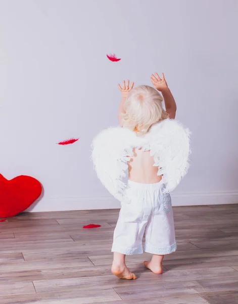 The cheerful toddler boy is having fun on Valentines day — Stock Photo, Image