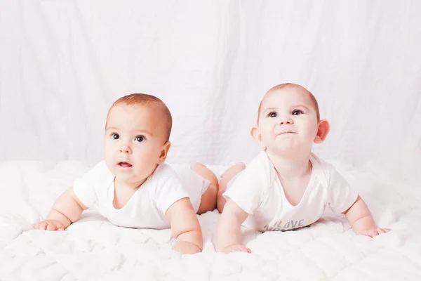 Dois gêmeos de bebê deitados no estômago no branco — Fotografia de Stock