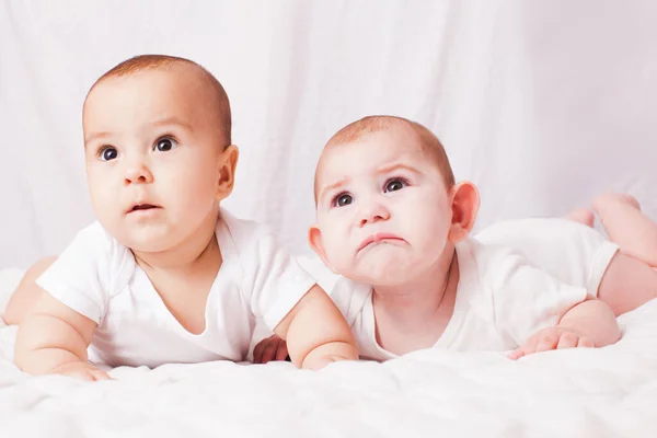 Дві дитини близнюки лежать на животі на білому — стокове фото