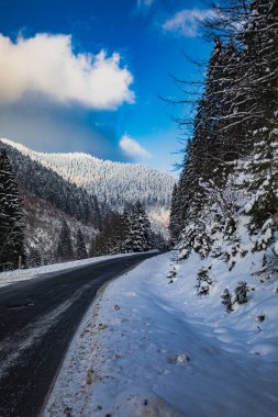 Kar fırtınası tehlikeliyken dağ yolu