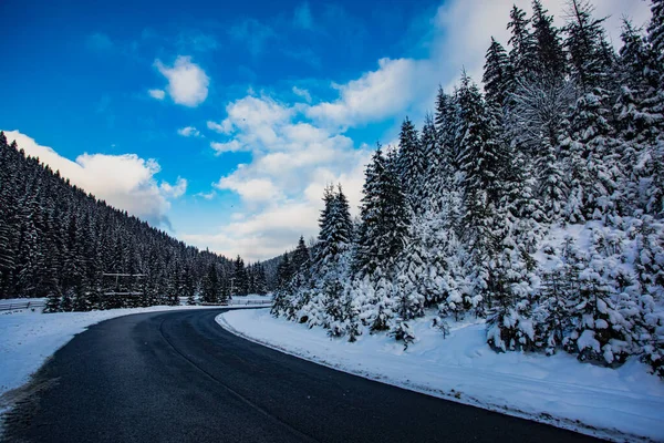 Estrada da montanha, enquanto nevasca de neve é perigoso — Fotografia de Stock