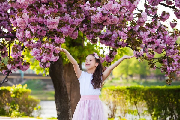 La muchacha está parada debajo del árbol rosado que florece — Foto de Stock