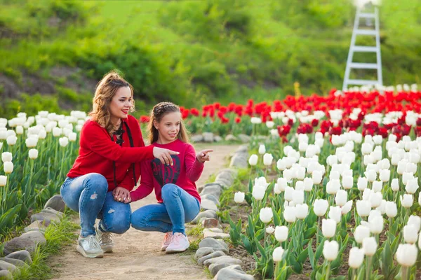 Matka s dcerou na poli nádherných tulipánů — Stock fotografie