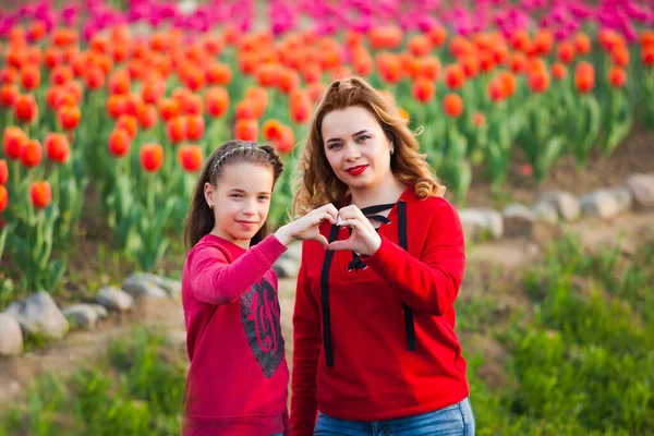 La madre con hija entre un campo de maravillosos tulipanes — Foto de Stock