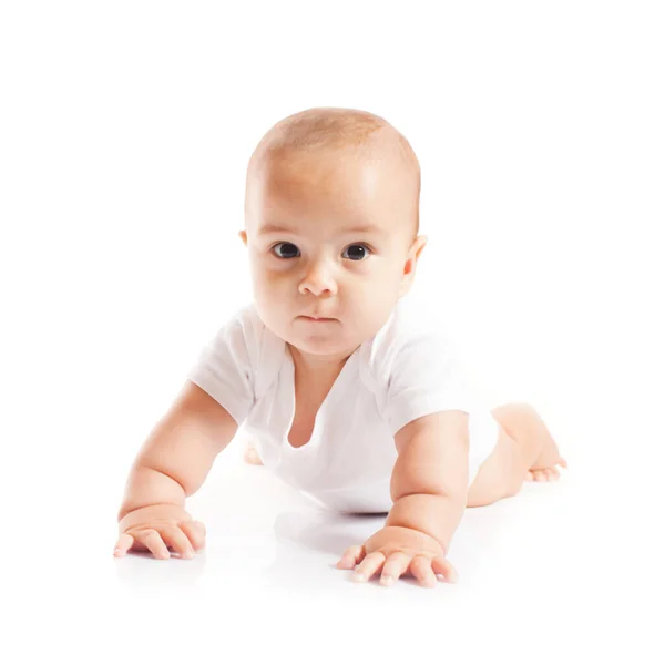 Cute baby boy is learning to craw, isolated — Stockfoto