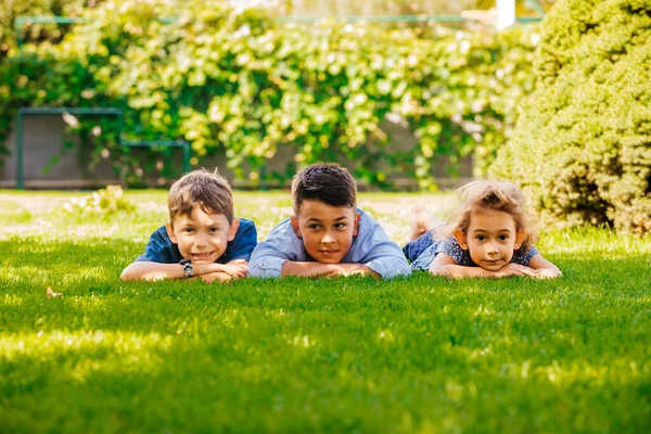 Yeşil çimlerin üzerinde yatan üç küçük çocuğun portresi.