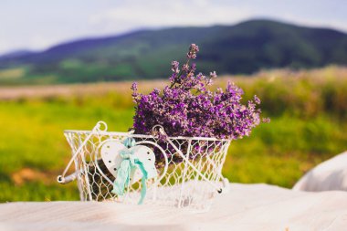 Dışarıdaki metal sepetin içindeki güzel lavanta demeti