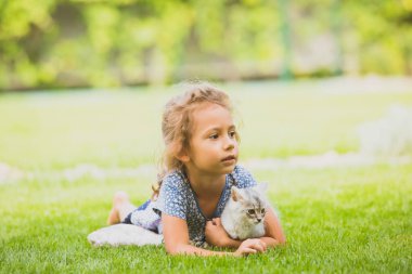 Kız dışarıda sevimli gri kedi yavrusuyla oynuyor.