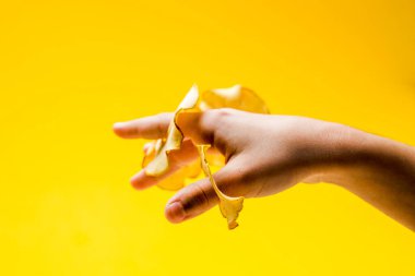 Kadın eli, bir dilim kuru elma al.