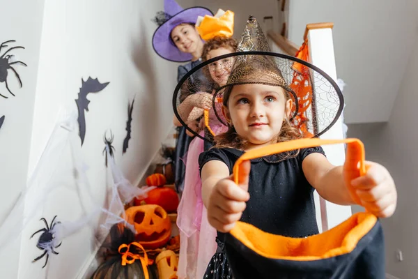 Las niñas que reciben un montón de caramelos durante halloween truco o tratamiento — Foto de Stock