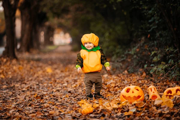 Dziecko w stroju dyni zwiedzanie parku w Helloween — Zdjęcie stockowe