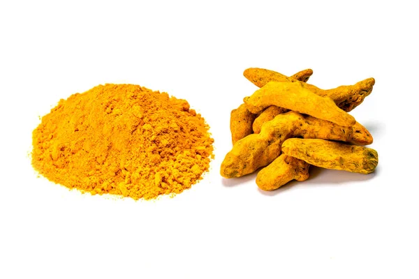 Turmeric rhizome and powder on white background — Stock Photo, Image