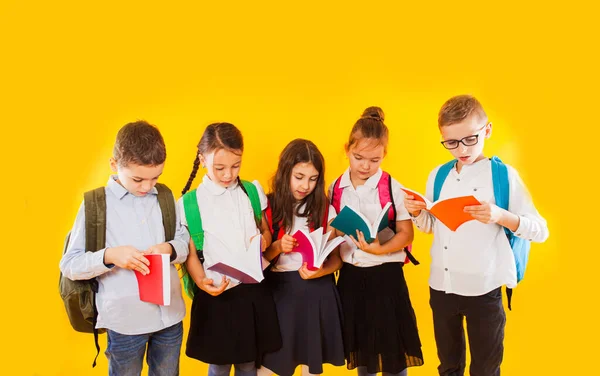 Blij opgewonden glimlachende kleine studenten die kleurenboeken geïsoleerd houden op een gele achtergrond. Terug naar school. — Stockfoto