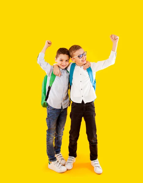 Twee schoolvrienden staan in een omhelzing en glimlach — Stockfoto
