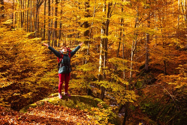 Жінка стоїть на великому камені в осінньому лісі — стокове фото
