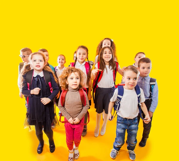 Grupa dzieci dzieci, chłopców i dziewcząt, gotowi do powrotu do szkoły — Zdjęcie stockowe