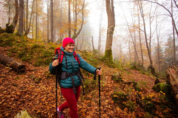 Donna attiva escursioni nella bellissima foresta autunnale — Foto Stock