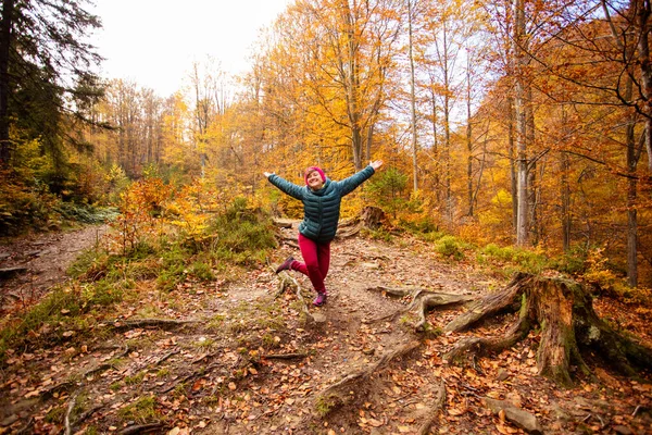 Donna escursionista felice sta camminando nella bellissima foresta autunnale — Foto Stock