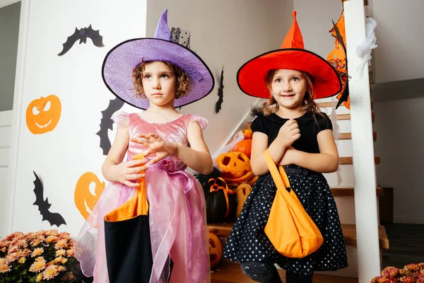 Małe dziewczynki czarownice czekają na Halloween smakołyki — Zdjęcie stockowe