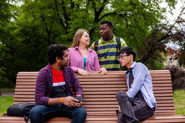 Joyeuse compagnie diversifiée d'amis de collège sur banc en bois — Photo