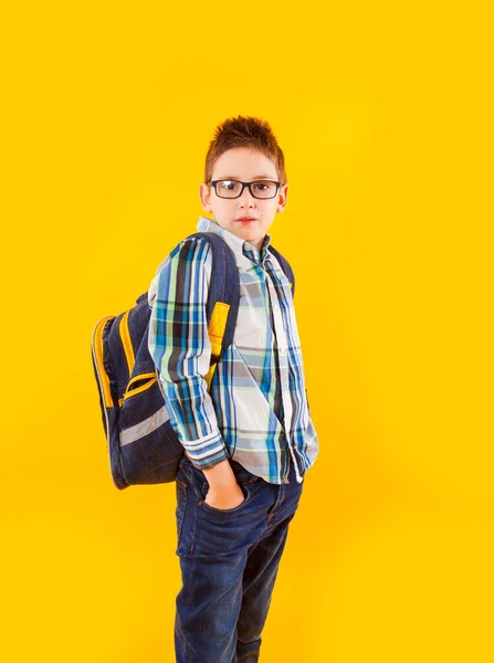 El pequeño alumno vistiendo ropa de estilo se para con los brazos cruzados —  Fotos de Stock